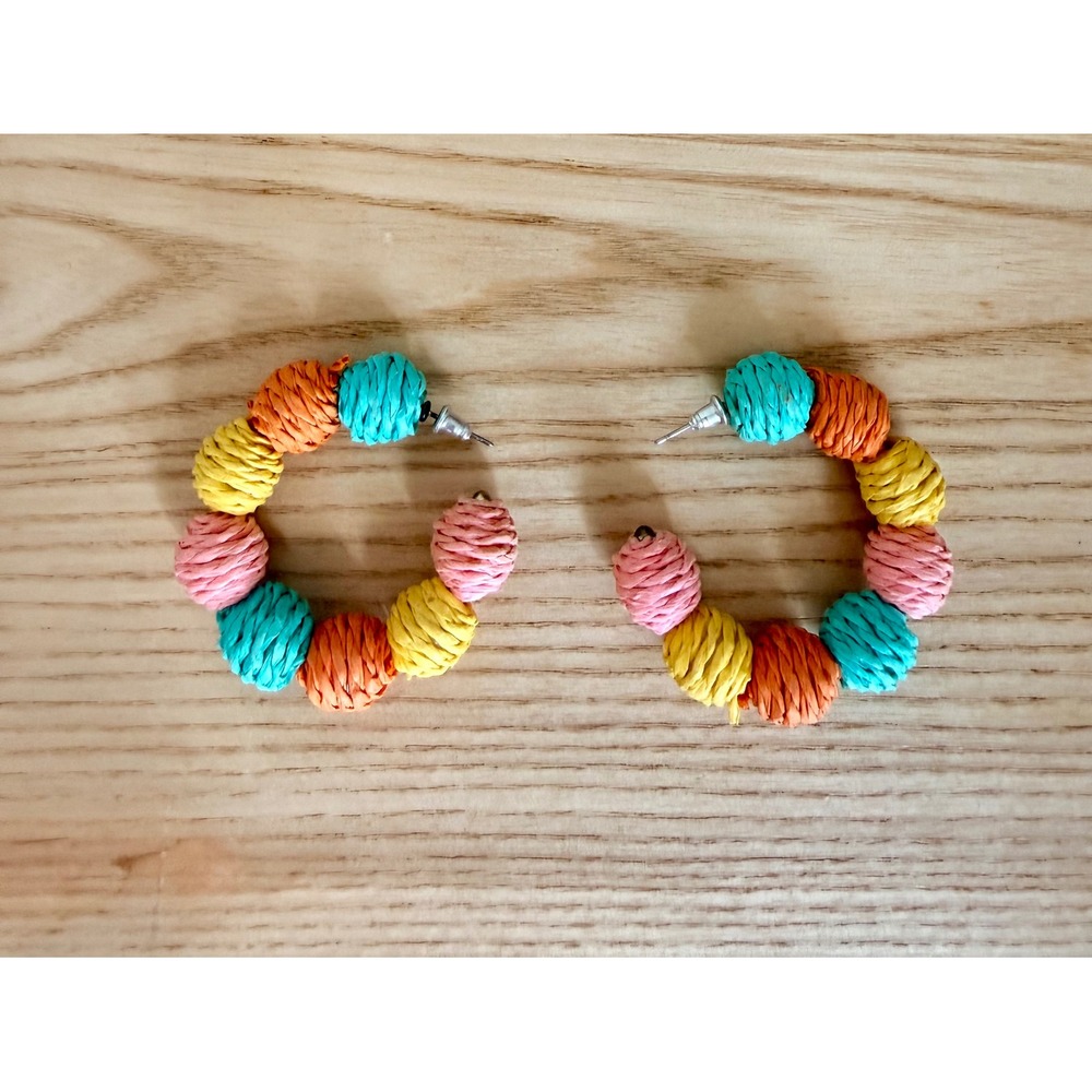 Multi Color Raffia Ball Hoop Earrings Boho Straw Woven Beaded Summer Jewelry